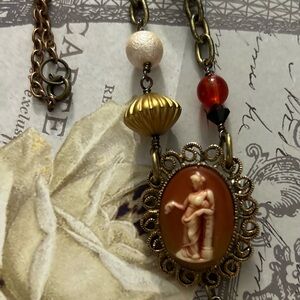 Vintage Cameo Brooch with gems repurposed Necklace